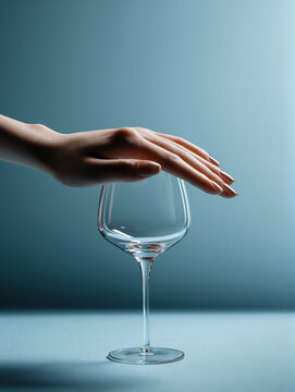 Dry January concept showing a hand stopping any wine from getting into a wine glass to encourage less alcohol consumption