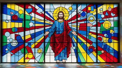 Vibrant stained glass window depicting Jesus Christ in modern geometric style
