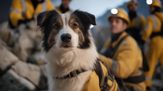 A rescue dog team searching through rubble with headlamps through dust-dark air, handler calling commands with unwavering focus &mdash; crisis search operations, canine rescue, and dedicated teamwork.