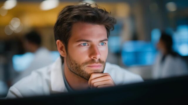 A scientist in a lab staring intently at a monitor showing unexpected results in a DNA sequence, colleagues gathering around in suspense &mdash; research breakthrough, scientific discovery, and high-tech