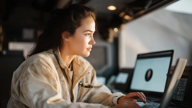 A scientist urgently testing contaminated water samples in a mobile lab parked near a disaster site, equipment buzzing as data uploads in real time &mdash; environmental crisis response, field research,