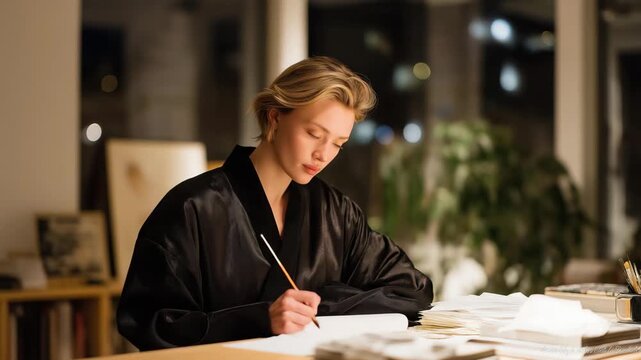 An artist practicing the same brushstroke technique late at night, surrounded by crumpled drafts and steady determination &mdash; creative discipline, artistic perseverance, and mastery through