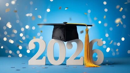 Celebrating Graduation 2016 with a black cap and golden tassel on a blue background with festive bokeh lights and large white numbers 2016 for success achievement