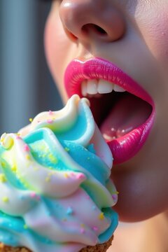 Labios saboreando helado de colores ne&oacute;n, maquillaje vibrante, texturas derretidas, explosi&oacute;n sensorial, arte culinario futurista