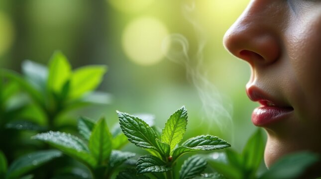 Nariz que inhala menta fresca y hojas de eucalipto