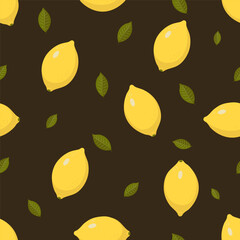 Seamless Lemon Pattern with Leaves on Dark Background &ndash; Citrus Fruit Illustration