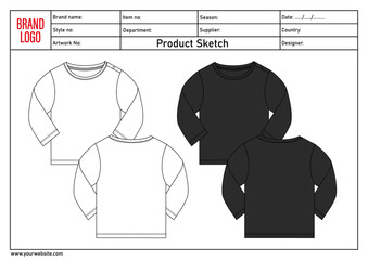 White and black color long sleeve t-shirt vector illustration template for kids