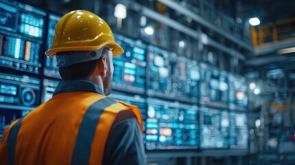 Worker in yellow hard hat, orange safety vest views large tech screen. Digital display shows real time charts, graphs for modern factory data. Enginee
