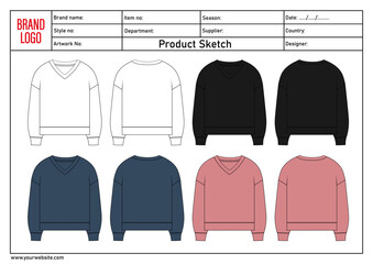 V neck multicolor sweatshirt vector illustration template for ladies