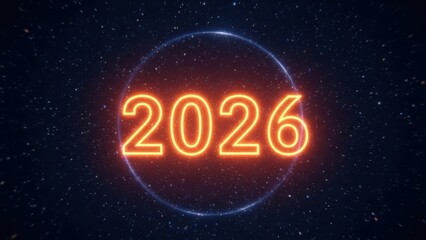 Glowing neon orange 2026 year in a blue circle on a dark starry night background with space