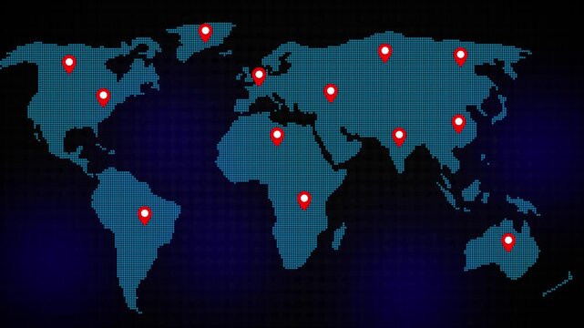 World map travel route location animation on dark grid background, world map showing the locations of countries Global Business Network concept. Modern Technology hi-tech futuristic style animation