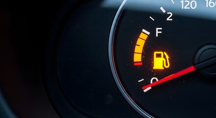 Naklejka premium An empty gas tank warning light illuminates on a car dashboard, symbolizing an urgent resource depletion concept.