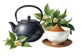 highly stylized watercolor painting of a black cast iron tetsubin teapot and smooth ceramic chawan with hojicha powder, accented by green leaves, concept of japanese wabi-sabi stillness