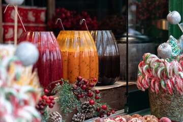 Christmas Market Stall with Hot Drinks and Sweets, Festive Holiday Concept