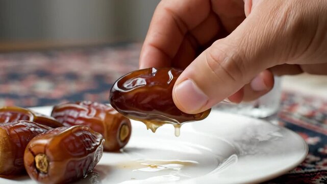 Close-up Of Hand Holding A Sticky Date Dripping Syrup Onto A Plate