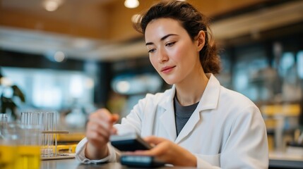 A lab technician adjusting a digital pH meter inside a bright chemistry lab, probe immersed in a beaker of solution while calibration buffers line the counter — scientific accuracy, analytical
