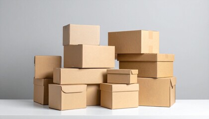 Obraz premium Stacked cardboard boxes of various sizes arranged on white surface against plain gray background.