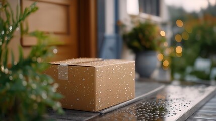 A cardboard box placed on a doorstep during heavy rain, water droplets glistening on its surface while delivery notifications ping on a smartphone — online shopping reality, last-mile delivery, and