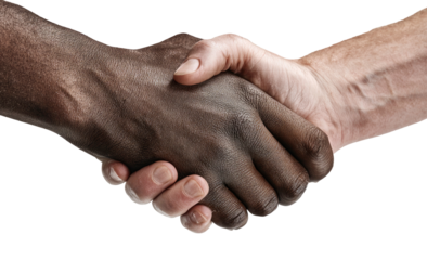 Diverse Hands Clasped in Unity Handshake Gesture Symbolizing Partnership and Cooperation Isolated on Transparent Background