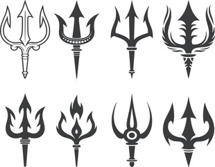 Black Trident and Pitchfork Silhouette Vector Set Featuring Mythical and Classical Weaponry Graphic Designs