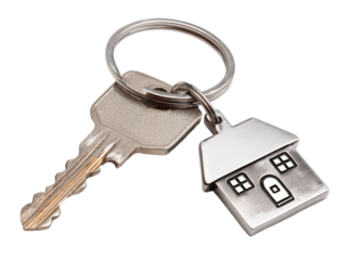 Silver House Shaped Keychain with Key Isolated on Transparent Background