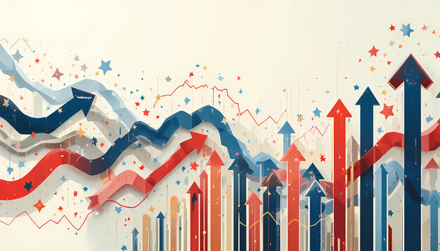USA economy concept with abstract stock market arrows, stars and stripes color theme, clean background, modern financial illustration, high-detail digital art
