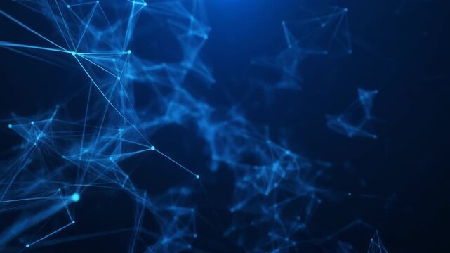 Interconnected Digital Universe: A mesmerizing visual of interconnected nodes and lines against a dark blue background, symbolizing the complex web of digital connections and technological progress.
