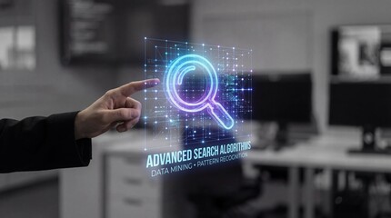 Businessman interacting with advanced search algorithm interface