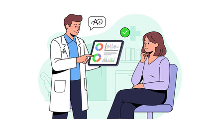 Doctor Explaining Test Results to Patient Using Digital Tablet in Medical Consultation Setting