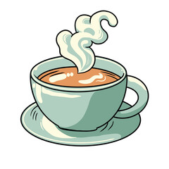 Traditional Tea Cup with Steam and Green Leaf Illustration