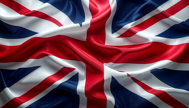 Unian Jac, UK flag with folds and creases, textured fabric, red white blue cross design.