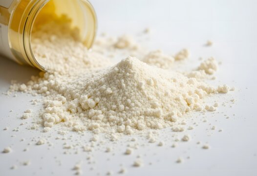 Light colored powder spilling from a yellow container onto a clean white surface. cbd isolate powder, 