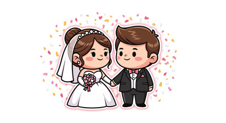 Happy cartoon bride and groom in wedding attire with confetti