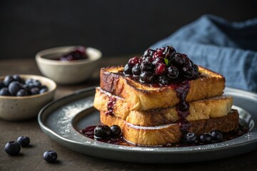 Brioche French Toast with Blueberry Compote on Dark Moody Background