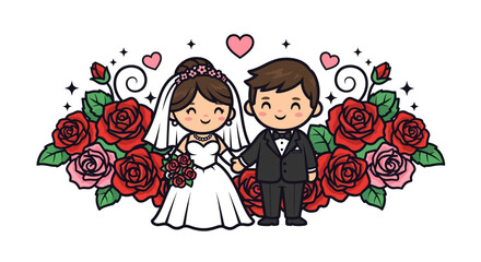 Happy cartoon bride and groom in wedding attire with roses