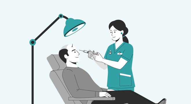 Vector illustration of a man receiving a hair transplant treatment at clinic appointment medical