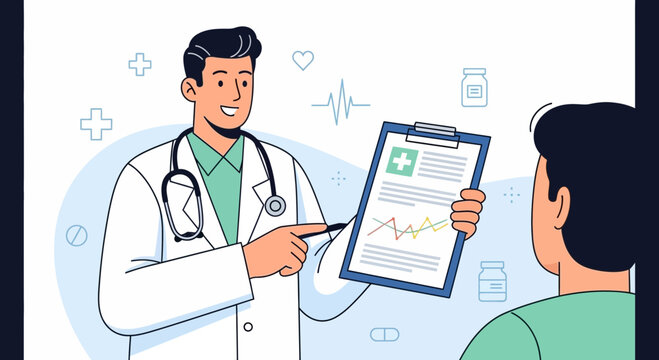 Professional doctor explaining test results to a patient with medical information and stethoscope,