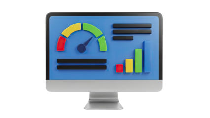 3D Dashboard with Speedometer and Bar Chart on transparent background