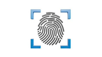 3D Fingerprint scan icon with blue framing on transparent background