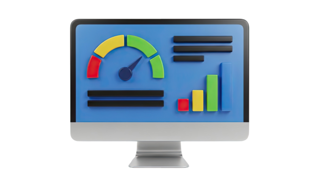 3D Dashboard with Speedometer and Bar Chart on transparent background - Powered by Adobe