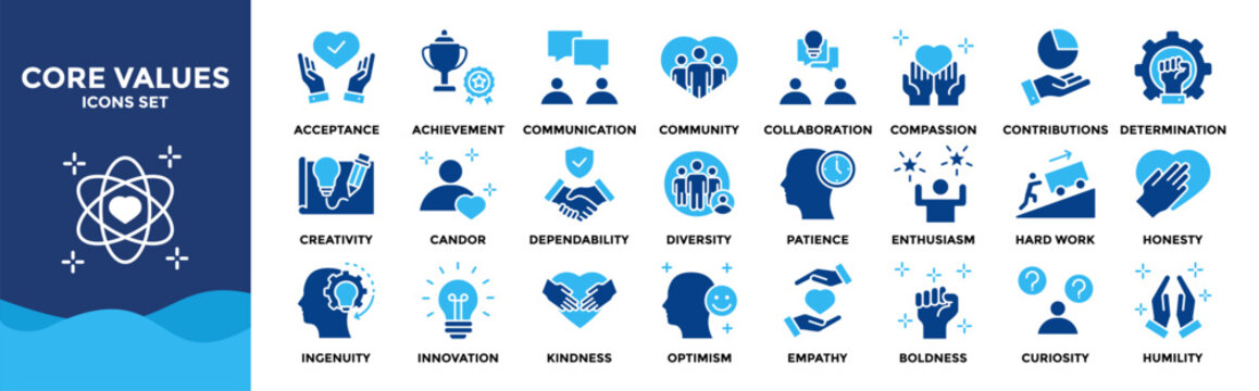 Core values icon collection set. Containing acceptance, achievement, adaptability, authenticity, autonomy, balance, badness icon.
