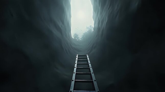 Ultra-dark surreal illustration of a tall ladder ascending into complete darkness with no visible destination, symbolizing false hope, endless struggle, and existential uncertainty, cinematic contrast