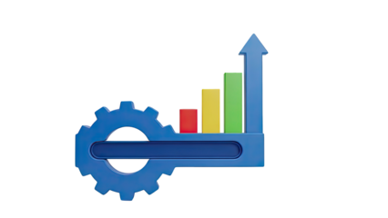 3D Blue Gear and Growth Chart with Upward Arrow on transparent background
