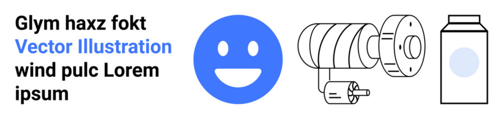 Fototapeta premium Branding, technology, product packaging, manufacturing, emotion, and industry. A happy face, industrial machinery design sketch and a minimalistic product package. Branding and technology conceptual