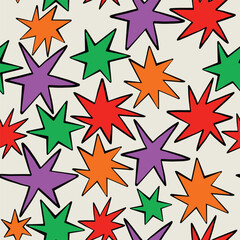 Seamless Pop Art Comic Star Pattern with Funky Hand Drawn Doodles