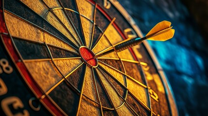 Close-up of dart hitting bullseye on vibrant dartboard with blurred background