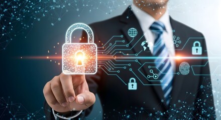 Cyber security concept businessman touching padlock with digital technology for data protection
