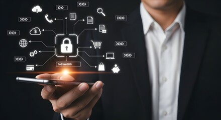 Cybersecurity and data protection concept businessman using smartphone with security lock access online