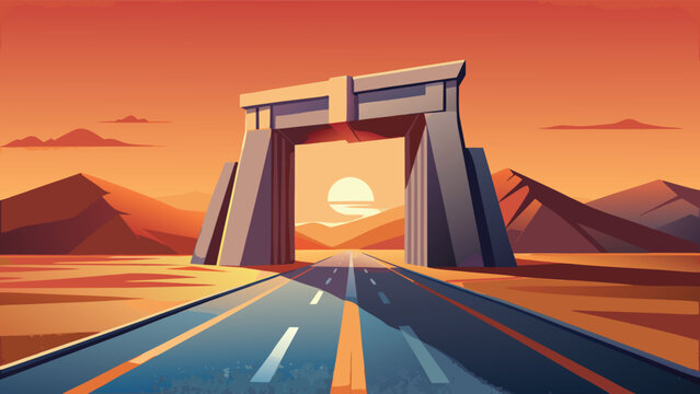 Sunset drive through a monumental gate to distant mountains in a stylized landscape illustration, perfect for travel adventure and open road freedom