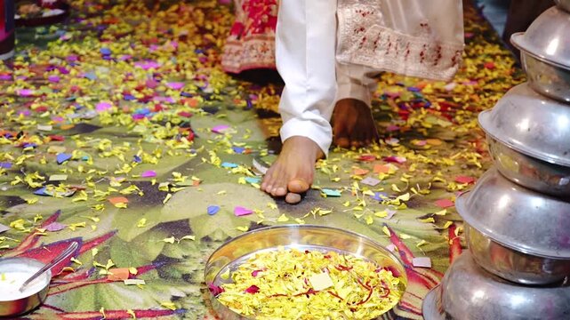Authentic Indian marriage vidhi video showing traditional Hindu wedding rituals and sacred ceremonies. Features bride and groom performing wedding customs, Vedic rituals, priests, sacred fire (havan),